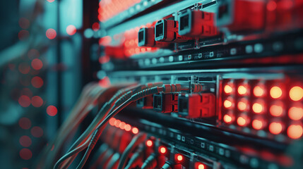 Naklejka premium A fiber optic cable connects to the optical port and a UTP network cable connects to the Ethernet port. Server rack attached to front panel switch ports
