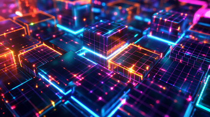 Obraz premium Abstract Cube Background. Backland Neon Light Modern Illusion, Sci-fi Style. Modern Fashion Light. 3D Illustration. Geometric Neon Light Background.