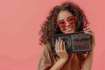 a image of a woman with red glasses holding a radio