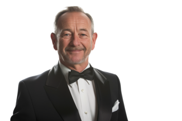 Smiling Elderly Caucasian Man with Gray Hair in a Black Tuxedo