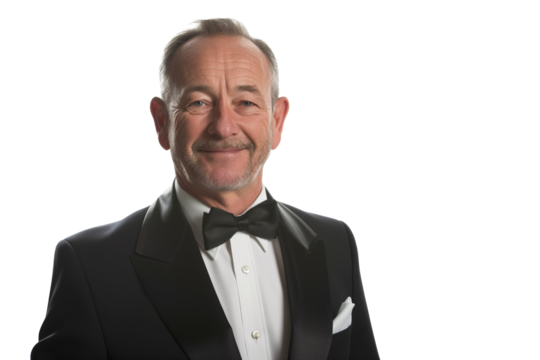 Smiling Elderly Caucasian Man with Gray Hair in a Black Tuxedo