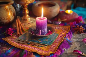 Enigmatic candlelight mystic ceremony with vibrant textiles