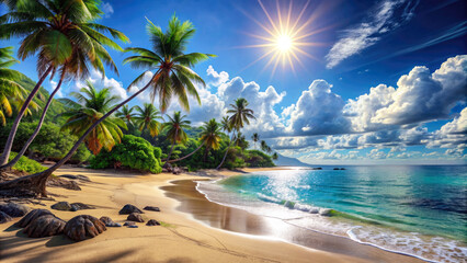 Tropical beach view with palm trees, nature wallpaper design. Generative ai