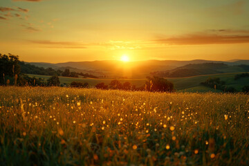 Summer meadow at sunset with field plants, countryside seasonal landscape with sun shining