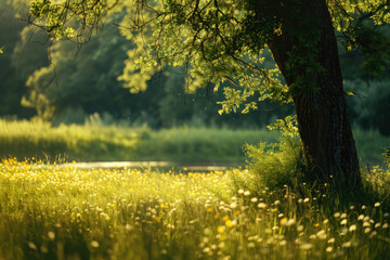 Summer green rural meadow with field plants and grass, countryside seasonal landscape with sun