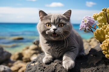 Portrait of a smiling british shorthair cat over stunning ocean reef