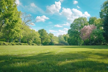 Obraz premium Beautiful blurred background image of spring nature with a neatly trimmed lawn surrounded by trees against a blue sky with clouds on a bright sunny day with generative ai