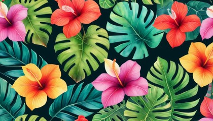 Vibrant pattern of tropical hibiscus flowers and monstera leaves. Perfect for summer designs and tropical-themed decor.. AI Generation