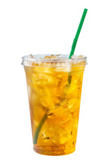 A cup of tea with a green straw in it, isolated transparent background