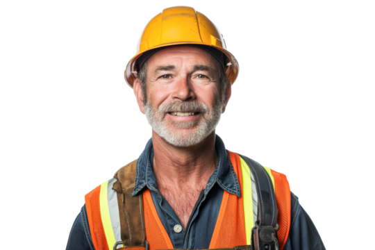 Smiling Middle-Aged Caucasian Construction Worker in Safety Gear