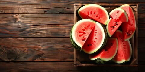 Ripe watermelons in wooden crates, harvested at the farm store