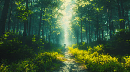 Obraz premium A person is walking through a forest with a path in the middle