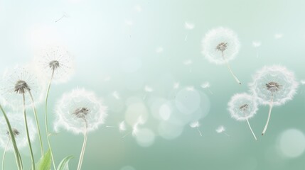 Dandelions with seeds blowing away against a light green background with bokeh effects.