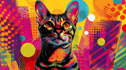 Egyptian Mau Cat in vibrant pop art style, colorful geometric background close up, whimsical, blend mode, cityscape backdrop