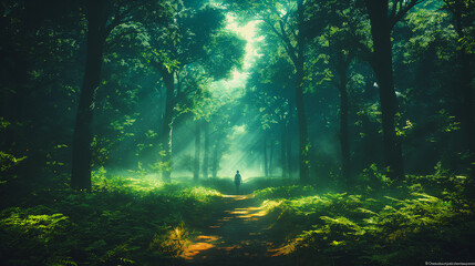 A person is walking through a forest with trees and bushes