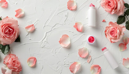 Flat lay composition with lip balms and rose flower 