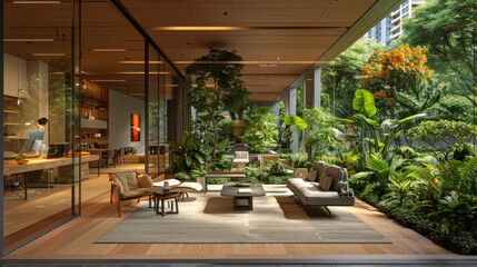 High-tech office interior with transparent glass walls, Cozy co-working, modern ergonomic furniture and potted plants