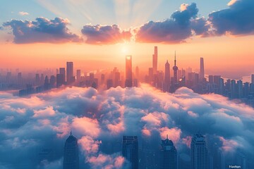 Amazingly beautiful sunrise view from the top of Shanghai skyscrapers. China city concept.