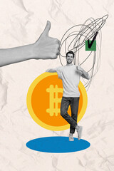 Vertical photo collage of happy businessman show thumb up gesture success deal bitcoin gold token...