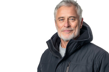 Obraz premium Smiling Middle-Aged Caucasian Man with Gray Hair in a Black Jacket