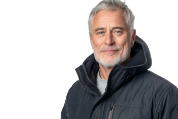 Smiling Middle-Aged Caucasian Man with Gray Hair in a Black Jacket