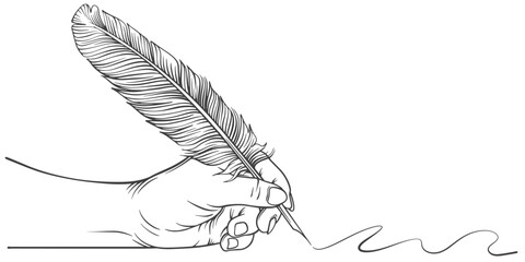 Hand with feather pen and inkwell. hand with feather pen illustration © sense
