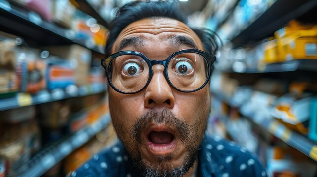 In a supermarket, close-up portrait of a male customer, funny emotional facial expression against the shelves.