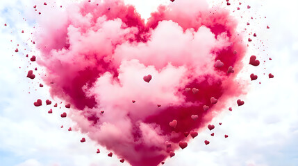  a vibrant and whimsical cloud in the shape of a heart, colored in varying shades of pink, surrounded by smaller floating hearts against a clear blue sky, symbolizing love and joy