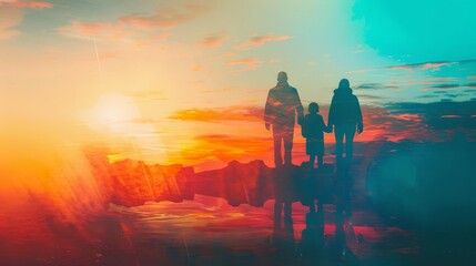 Fototapeta premium family vacation, close up, focus on, copy space, vivid hues, Double exposure silhouette with travel adventure