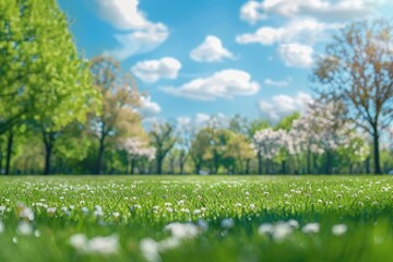 Obraz premium Beautiful blurred background image of spring nature with a neatly trimmed lawn surrounded by trees against a blue sky with clouds on a bright sunny day with generative ai