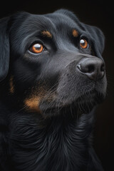 Fototapeta premium A black dog with brown markings is staring at the camera
