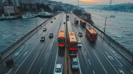 Top view on asphalted road in Istanbul with busses near water