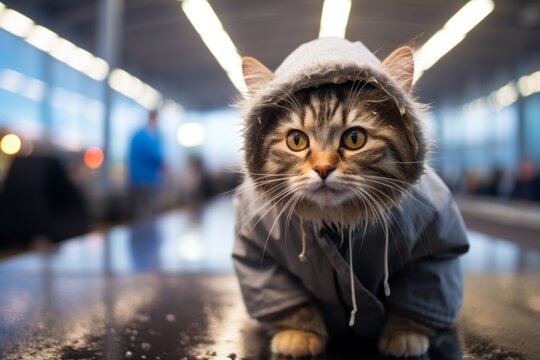 Portrait of a cute australian mist cat in busy airport terminal