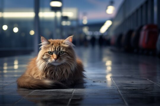 Portrait of a cute australian mist cat isolated in busy airport terminal