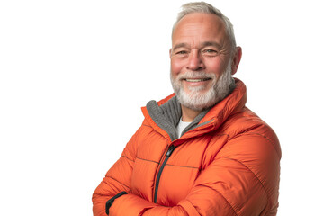 Obraz premium Smiling Middle-Aged Caucasian Man with Gray Hair in an Orange Puffer Jacket