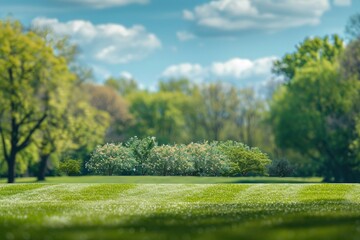 Fototapeta premium Beautiful blurred background image of spring nature with a neatly trimmed lawn surrounded by trees against a blue sky with clouds on a bright sunny day with generative ai