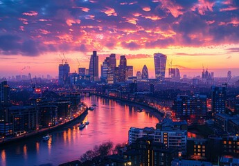Fototapeta premium A city skyline at dusk with lights just beginning to sparkle against the fading daylight. The spacious sky above the urban landscape provides an inspiring backdrop for goals and aspirations.