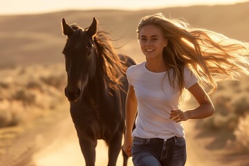 Fototapeta premium A woman is running in the desert next to a black horse.