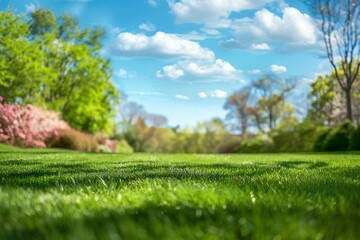 Obraz premium Beautiful blurred background image of spring nature with a neatly trimmed lawn surrounded by trees against a blue sky with clouds on a bright sunny day with generative ai