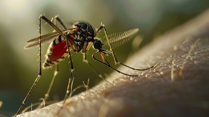 A mosquito sitting on an arm. Mosquito close-up view.