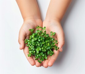 Tender Hands Holding Micro Greens Sprouts On White Background