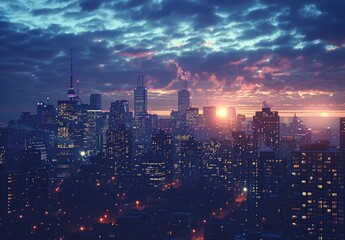 A city skyline at dusk with lights just beginning to sparkle against the fading daylight. The spacious sky above the urban landscape provides an inspiring backdrop for goals and aspirations.