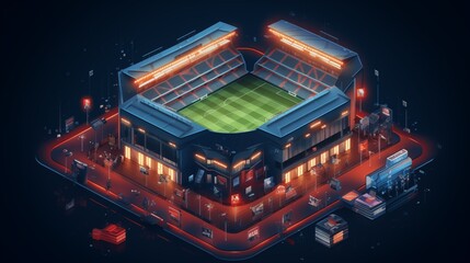 Isometric Night-Time Football Stadium with Bright Scoreboard