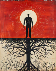 A powerful illustration of a human figure standing with tree roots extending beneath and a radiant red sun in the background symbolizing connection to nature and vitality
