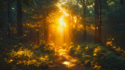 A forest path is illuminated by the sun