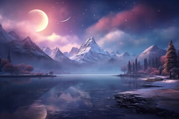 Mountain lake in Himalayas at sunset, perfect reflection at sunrise, snowy mountains, hills, fog over the lake, AI generated