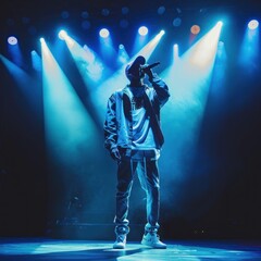Man rapping with his mic, on stage under spotlights with blue lighting during a concert at night. The cinematic style of nightlife performances on stage is stunning.