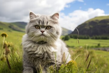 Portrait of a smiling selkirk rex cat isolated on quiet countryside landscape