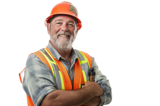 Smiling Middle-Aged Caucasian Construction Worker in Safety Gear