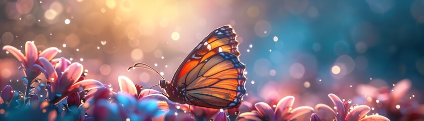 A vibrant butterfly perched on pink flowers under glowing sunlight, creating a mesmerizing natural scene with bokeh effect in the background.